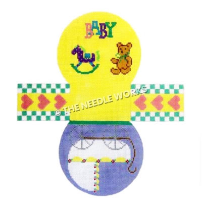 3D round baby themed basket with baby carriage, rocking horse and teddy bear with BABY written in different colors with heart and green and white checkered edge