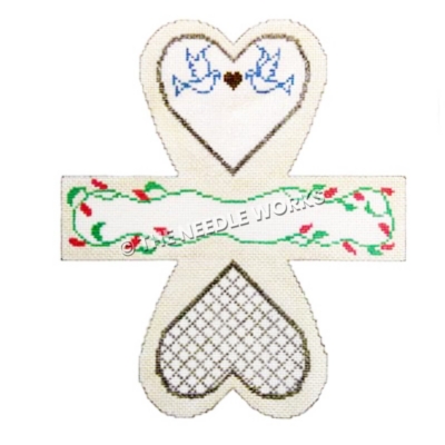 3D heart shaped wedding basket with two doves and red flowers on a vine