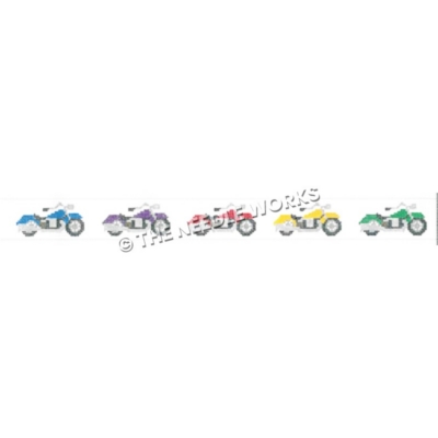 belt with blue, purple, red, yellow and green motorcycles in a line
