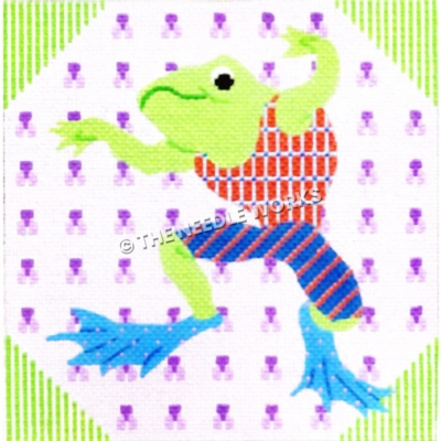 jumping frog wearing red, white, and blue patterned swimsuit and blue flippers with pink polka dots and purple patterned background with green and white striped triangled corners