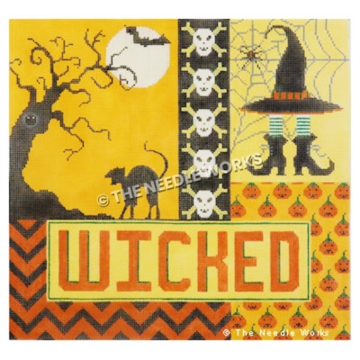Halloween themed patchwork square in orange and yellow with haunted tree, black cat, and bat in moon, skull and crossbones, witches hat and feet with spiderweb, and small jack-o-lanters with WICKED written in orange on yellow rectangel