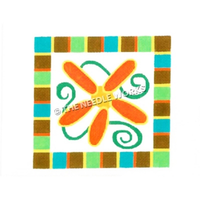 orange and yellow flower with green swirls on white square with turquoise, brown, green, yellow and orange squared border