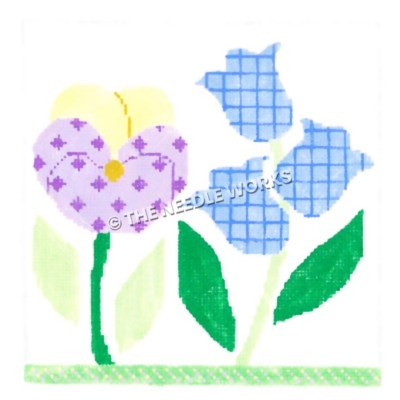 two blue, purple and yellow flowers