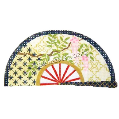 gold fan with blue and white polka dotted trim with pink wisteria on gold and blue patterned background