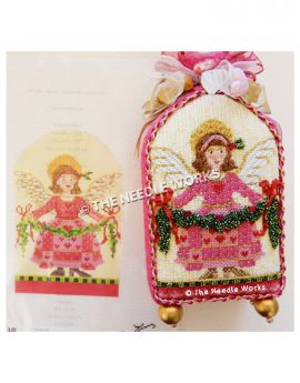 brunette angel in pink dress with red hearts carrying garland with red bows and hearts, trimmed in red, pink and yellow