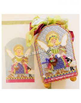 blonde angel in green, pink, purple and yellow patchwork dress carrying a brown bunny and basket of Easter eggs with sheep and bunny at her feet