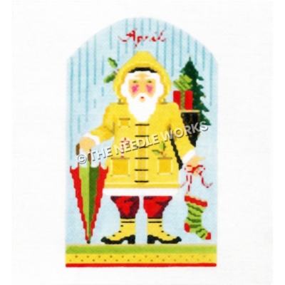 Santa in yellow raincoat, red pants, and yellow boots carrying red and green umbrella and green and red stocking with April written in red above on a blue background with raindrops