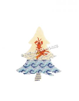 white Christmas tree with red lobsters above waves