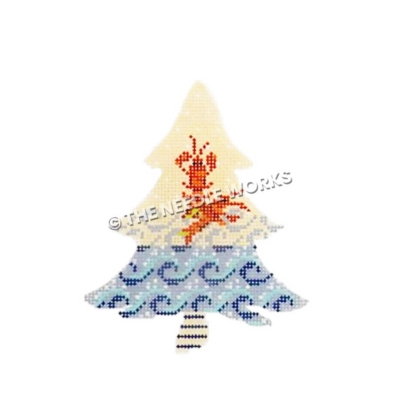 white Christmas tree with red lobsters above waves