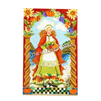 red-haired woman in green dress with red robe carrying cornucopia standing in front of water landscape with red arch framed by autumn flowers and pumpkins