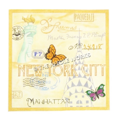 New York City collage with Statue of Liberty, Empire State Building, the word Manhattan and stamp designs with black, yellow and green, purple butterflies