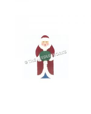Mrs. Claus in dark red suit and blue dress and green hand warmer
