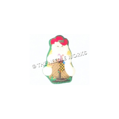 Santa in red cowboy hat and yellow robe with white trim holding green and yellow checkered stocking with candy canes