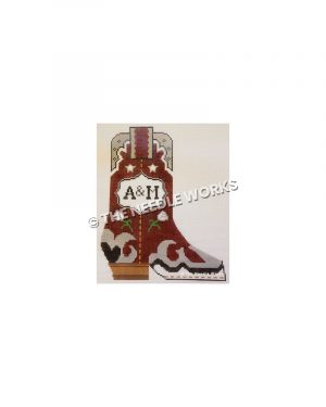 maroon boot with silver, black and white trim and A&M written in white badge on side with white roses and stars
