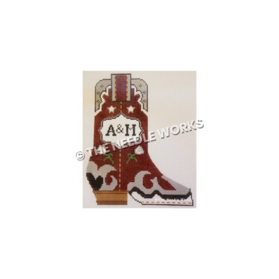 maroon boot with silver, black and white trim and A&M written in white badge on side with white roses and stars