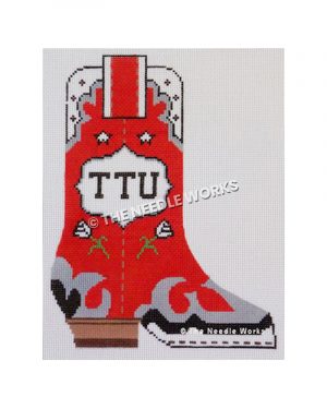 red boot with white, black and silver trim and TTU written in white decorative badge on side and white flowers and stars