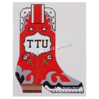 red boot with white, black and silver trim and TTU written in white decorative badge on side and white flowers and stars