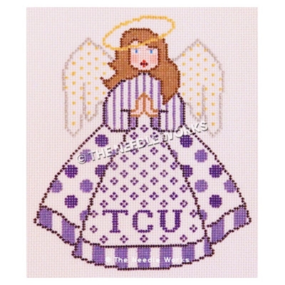 brunette angel with purple and white striped blouse and white skirt with purple polka dots and TCU written in purple