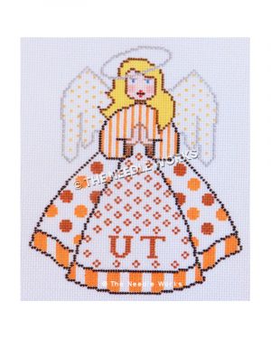 blonde angel with burnt orange striped blouse and orange polka dots on skirt with UT written in orange