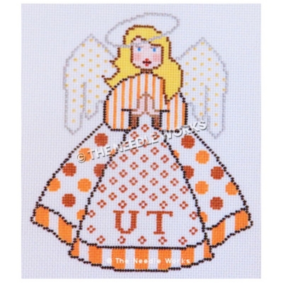 blonde angel with burnt orange striped blouse and orange polka dots on skirt with UT written in orange