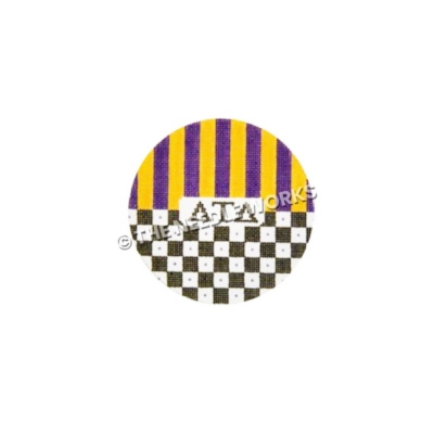round ornament with Delta Tau Delta Greek letters in center and purple and yellow stripes on top half and black and white checkered pattern on bottom half