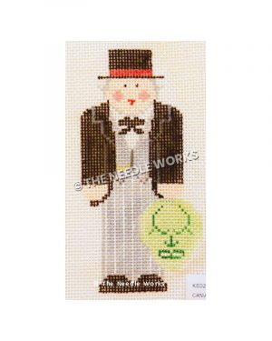 gray-haired wizard from Wizard of Oz wearing gray striped suit with black jacket and top hat holding the green mask of the Wizard