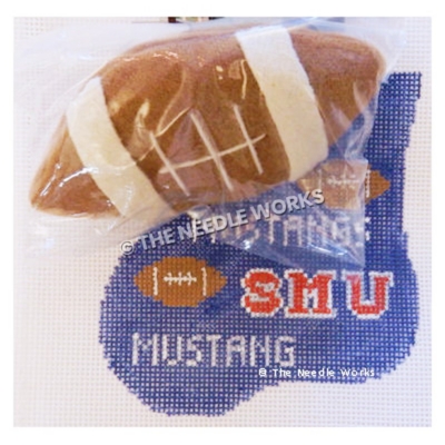 blue stocking with footballs and SMU Mustangs written in red and white with 3D football