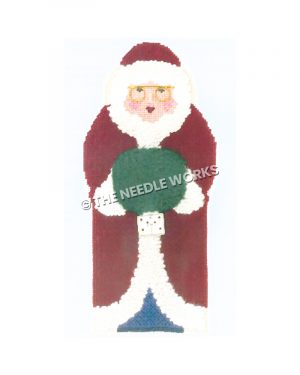 Mrs. Claus in dark red robe and blue dress with green hand warmer and gold glasses