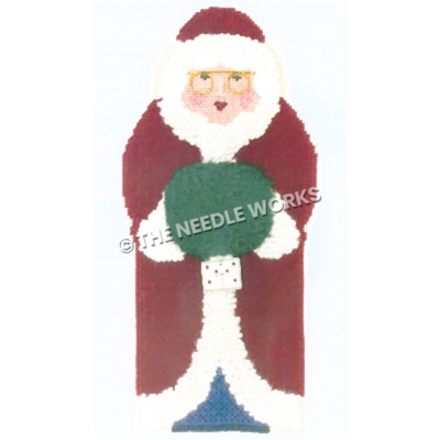 Mrs. Claus in dark red robe and blue dress with green hand warmer and gold glasses