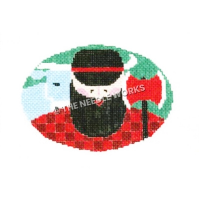 Paul Bunyan closeup carrying red axe with white trim and Babe the blue ox peeking over his shoulder