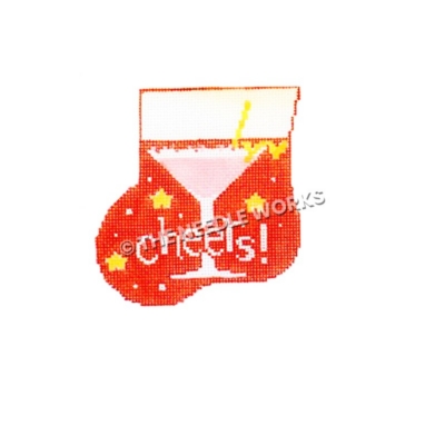 red stocking with pink martini glass and cheers! written in white