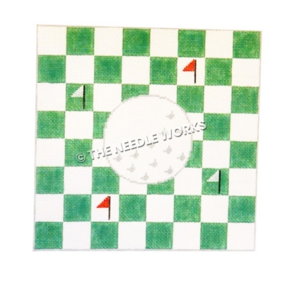 golf ball with red and white pins on green and white checkered background
