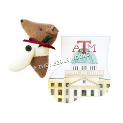stocking with ATM building and ATM written in maroon with 3D collie head