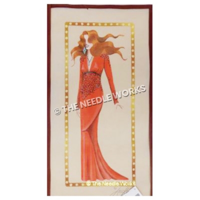 red-haired woman in long red dress with large diamond jewelry with gold and white circled border