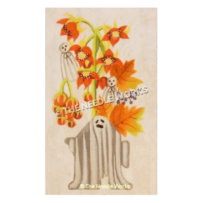 three ghosts with autumn leaves and orange flowers