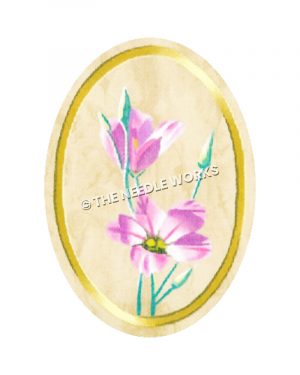 purple flowers with gold oval frame