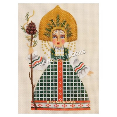 woman wearing green and white plaid dress with red and white trim holding staff with pine cone on top and wearing large gold hat with pine branch trim