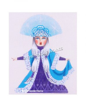woman with long white pigtails wearing purple dress and blue robe with silver trim and large blue hat with white snowflakes