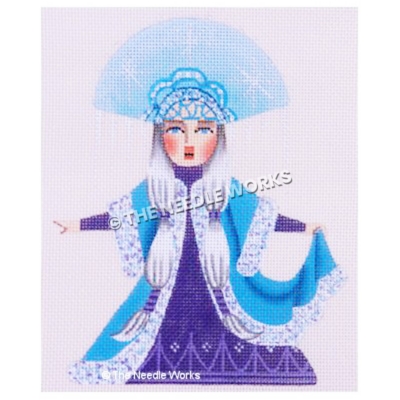 woman with long white pigtails wearing purple dress and blue robe with silver trim and large blue hat with white snowflakes