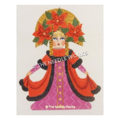 woman in pink and gold dress with red robe with black trim and large gold hat with three red poinsettia flowers