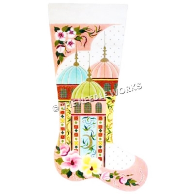 pink stocking with blue, green and pink domed buildings and white, pink and yellow flowers
