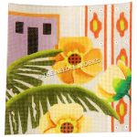 yellow flowers with purple building and side border with orange and yellow flowers