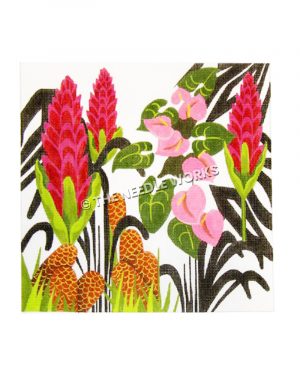 pink flowers and cattails with black outlined leaves on white background