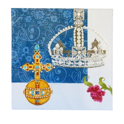 diamond jeweled crown and gold cross with jewels on blue and white decorative background and pink flower