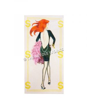 backside of red-haired woman in backless green dress and pearls, carrying pink feathered boa with dollar signs border