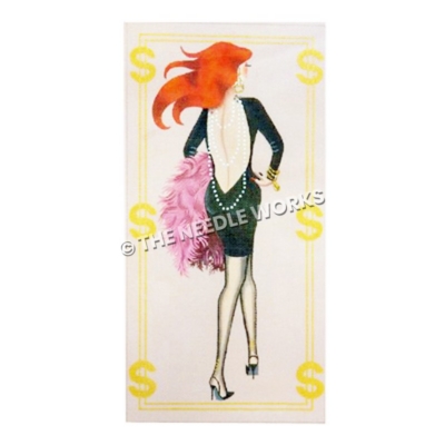 backside of red-haired woman in backless green dress and pearls, carrying pink feathered boa with dollar signs border