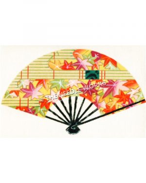 fan with orange, pink, and yellow leaves with green and yellow striped background