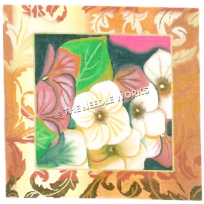 white and pink flowers with gold decorative border
