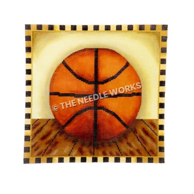 basketball on wooden floor with black and yellow squared border