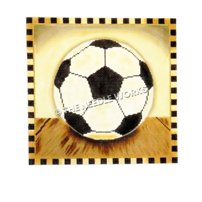 soccer ball on wooden floor with black and yellow squared border